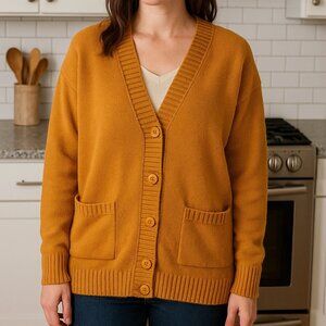 CYRUS Sz M Butterscotch Gold V-Neck Button-Up Long Pocket Cardigan Sweater • G‼